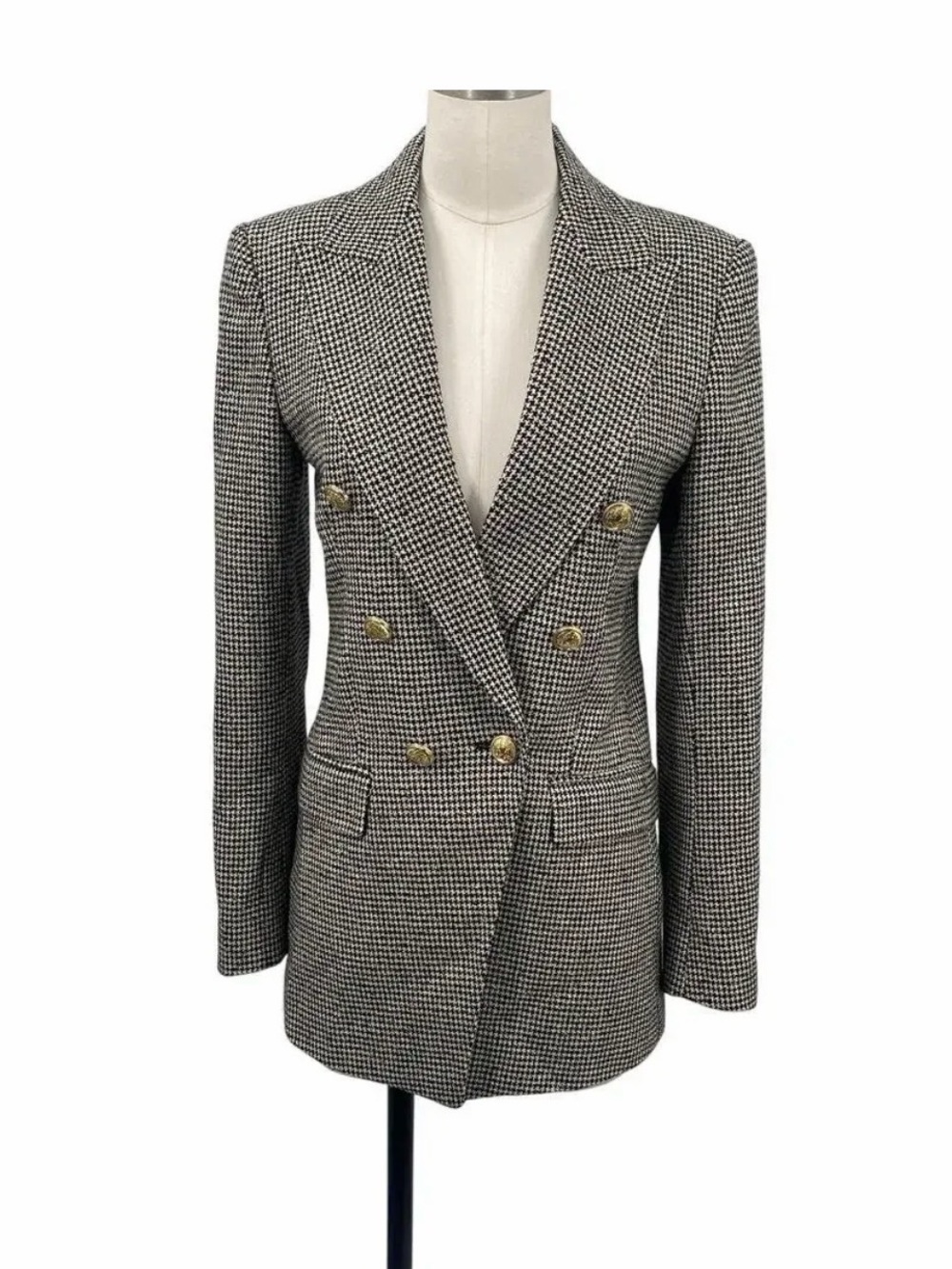 Zara Double-Breasted Houndstooth Blazer - Black & White